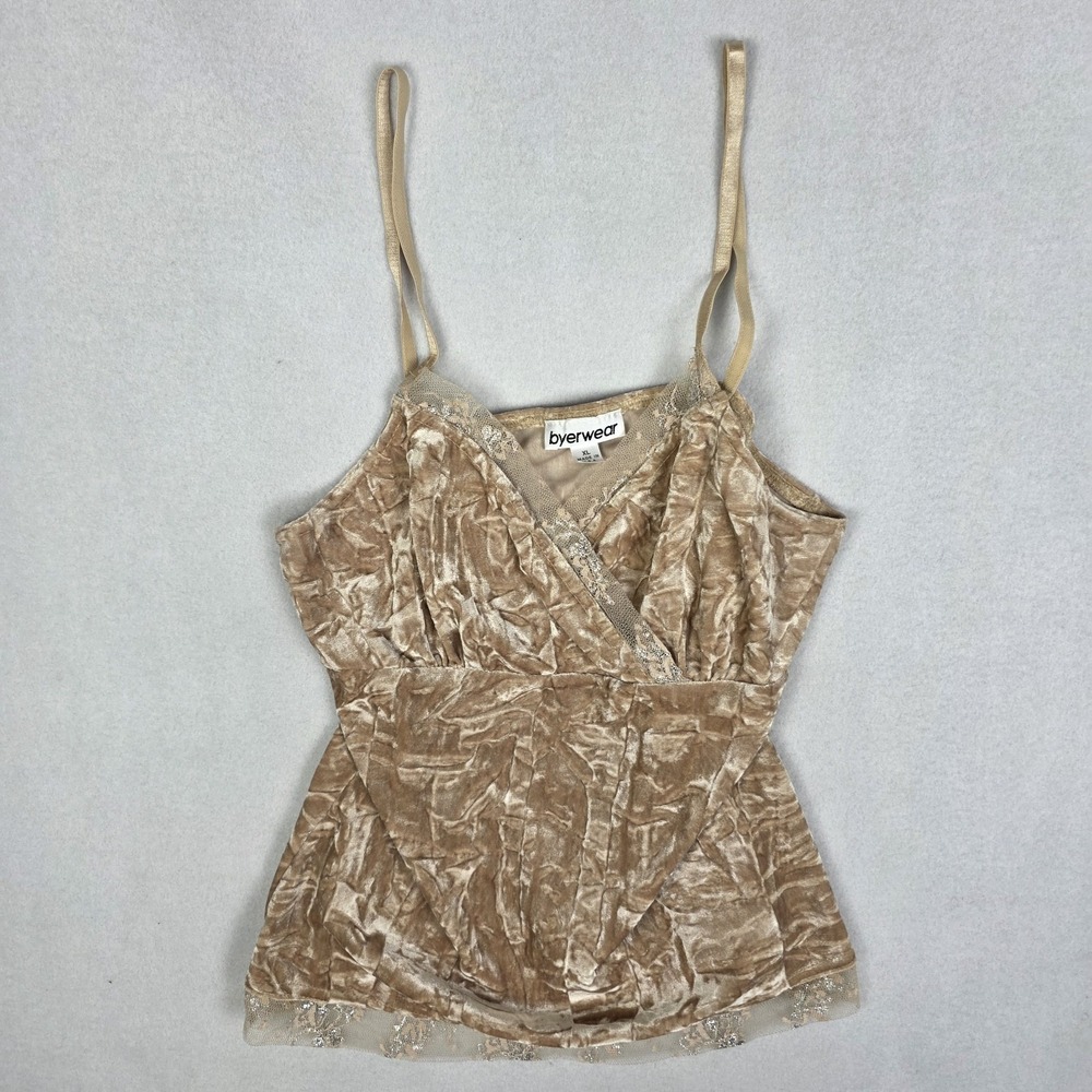 Vintage Y2k Byerwear Tank Top Womens XL Gold Crushed Velvet Shiny Babydoll 90s